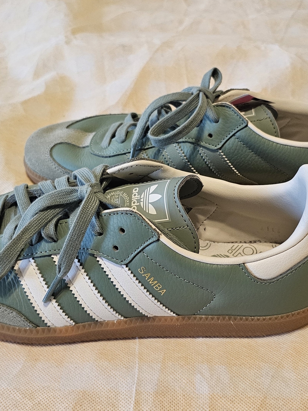 adidas Samba Sneakers in Sage Green and White with Gum Sole